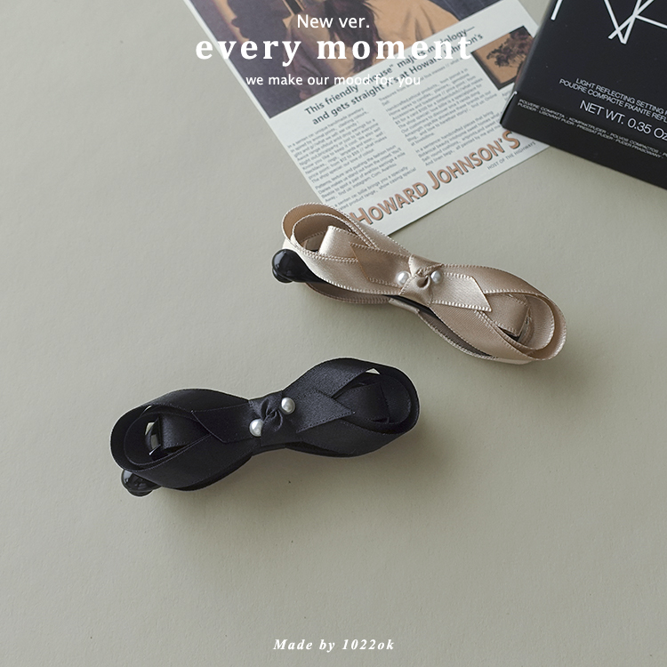 韩国进口温柔小米珠丝带双面蝴蝶结香蕉夹中号半扎竖夹马尾夹发夹