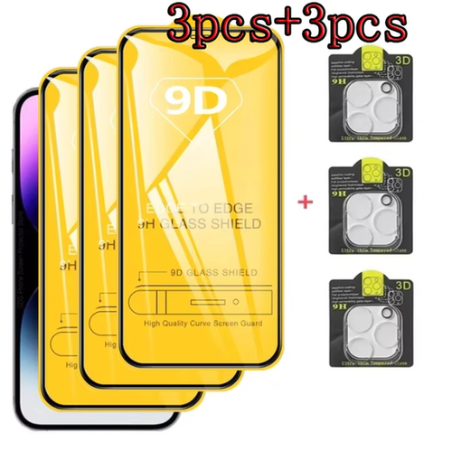 3pcs 9D Tempered Glass for iPhone 16 15 14 13 12 11 15Pro Max Screen Protector+Camera Lens Glass适用