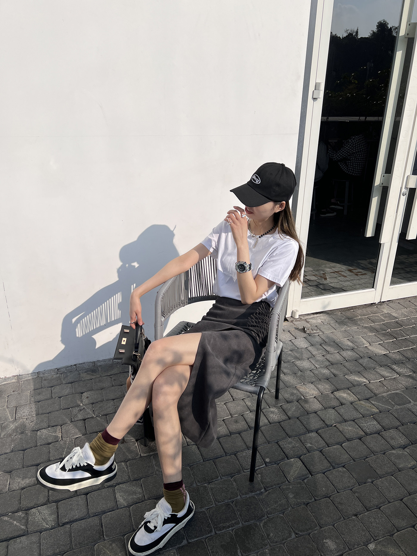 灰色中长款侧边开叉仿麂皮高腰显瘦包臀过膝长半裙A字半身裙子女