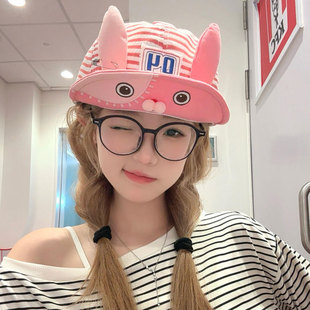 粉色条纹越狱兔翻檐棒球帽女甜美可爱显脸小鸭舌帽学生软顶帽子潮
