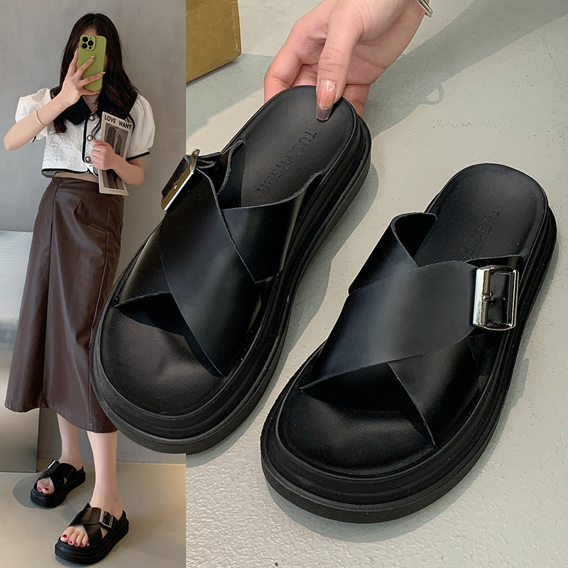 网红厚底交叉带拖鞋女外穿2024夏季新款百搭海边休闲沙滩一字凉拖,女鞋,一字拖,淘宝优惠券,粉丝福利购,淘宝优惠卷