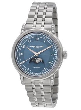 代购Raymond weil雷蒙威女士腕表月相自动夜光计时钢带防水蓝盘
