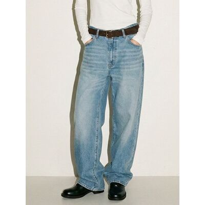 26春夏复古水洗做旧猫须廓形直筒宽松百搭牛仔裤长裤 男女
