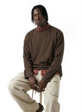 150G麻棉剪裁印花长袖26春夏新品复古纯色打底上衣男女