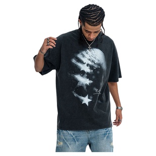 春夏国潮牌美式复古洗水星星做旧印花落肩宽松版情侣T恤潮