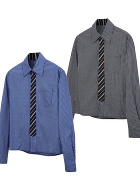 春季黄金搭配领带拼接老钱风宽松休闲格子长袖衬衫