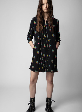 小猫儿美国代购直邮Zadig Voltaire蓝色桑蚕丝印花褶皱长袖连衣裙