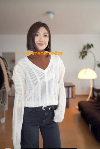 小猫儿美国代购直邮Frame白色套头V领羊绒镂空针织长袖上衣褶皱