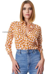 长袖 小猫儿美国代购 Alice Olivia真丝桑蚕丝印花修身 上衣百搭 衬衫