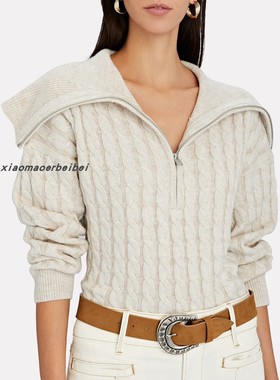 小猫儿美国代购直邮Frame灰色羊毛翻领休闲拉链麻花针织毛衣外套