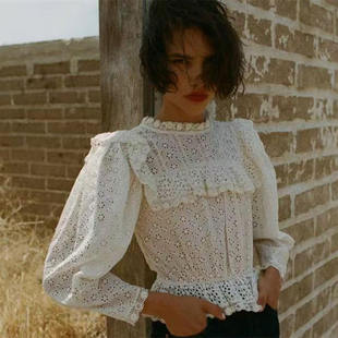 小猫儿美国代购直邮Doen复古圆领蕾丝镂空花边上衣荷叶边长袖衬衫