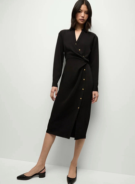 小猫儿美国代购直邮Veronica Beard黑色显瘦经典金扣长袖连衣裙