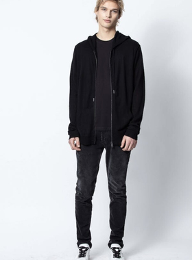 小猫儿美国代购直邮Zadig Voltaire羊绒黑色连帽拉链卫衣开衫外套