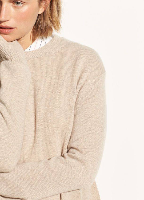 小猫儿美国代购直邮 Vince米色圆领纯羊绒套头侧开叉毛衣针织衫