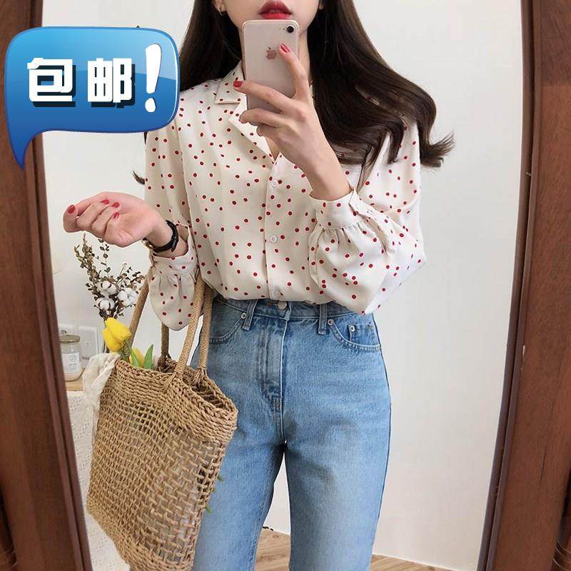 2019m韓國新款白色波點襯衫女長袖複古寬松韓版v領打底雪紡上衣春在類目 女裝/女士精品, 襯衫中 - 來自Buy2taobao.com提供專業的淘寶代購服務