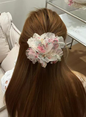 春日油画粉碎花网纱水晶吊坠发圈~氛围感文艺甜美扎马尾发绳新款