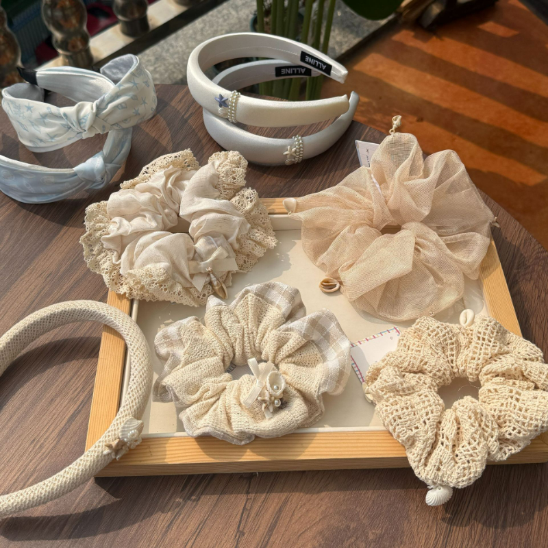 新款韩版贝壳亚麻质感卡其奶白发箍大肠发圈鸭夹海星清新度假风