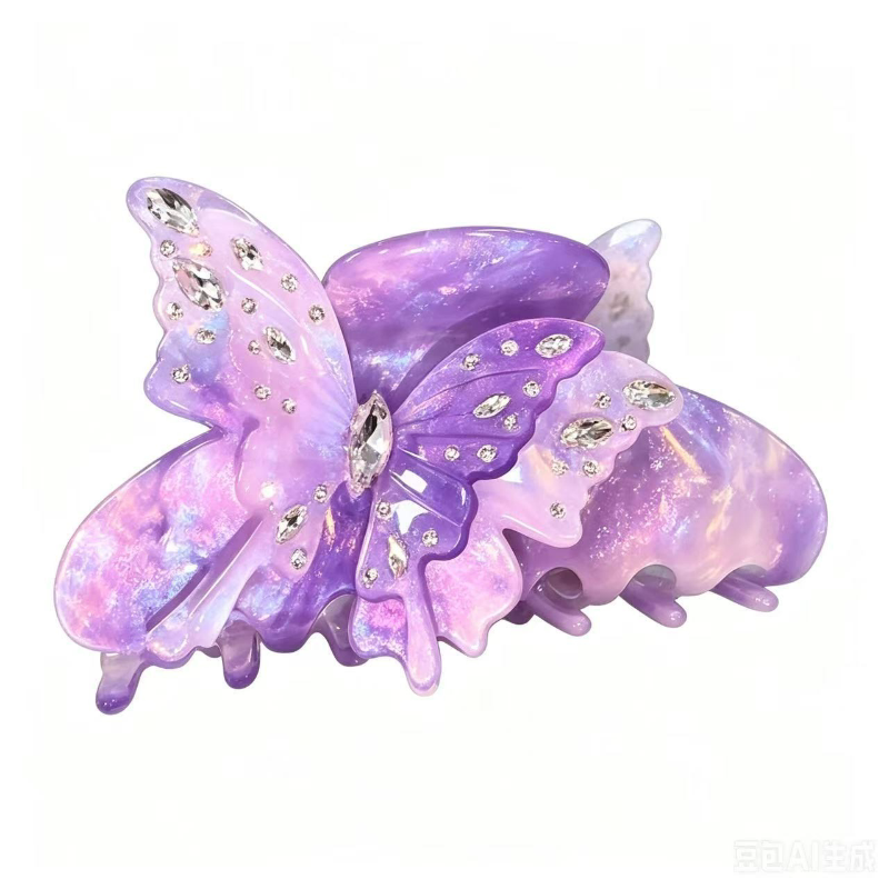 梦幻渐变蝴蝶发夹女款高级感水晶装饰鲨鱼夹盘发头饰发饰发抓发饰
