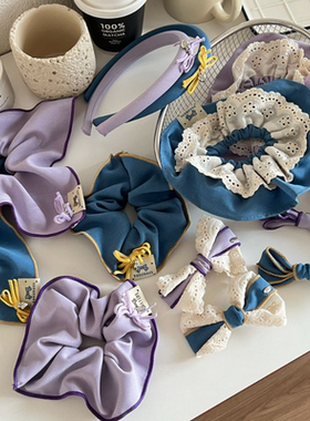 蓝紫色温柔清新蝴蝶结发圈可爱少女大肠圈蕾丝花边发绳发饰新款