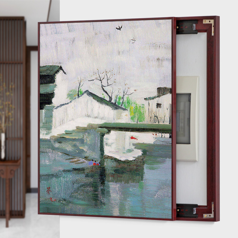 配电箱装饰画新中式竖版轨道推拉电表盒遮挡油画布电闸网路线箱挂