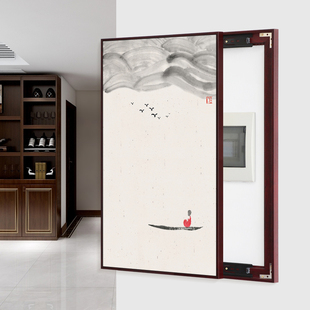 电表箱装饰画水墨禅意挂画竖版轨道推拉定制大尺寸加长配电箱遮挡