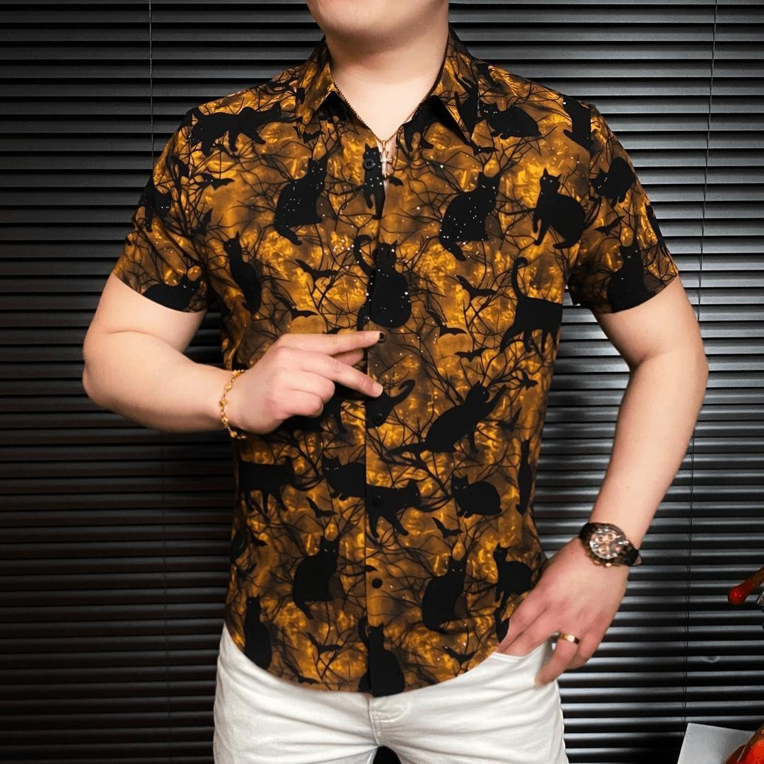 枫善服饰Amphelisia夏新款梦幻空间猫男士翻领短袖休闲潮流衬衫男