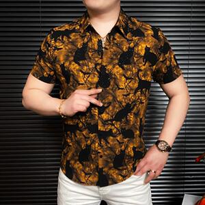 枫善服饰Amphelisia夏新款梦幻空间猫男士翻领短袖休闲潮流衬衫男