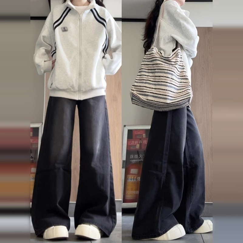 高品质一体绒冬季阔腿加厚牛仔裤