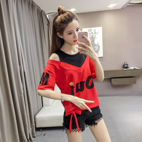 夏季女装假两件短袖t恤衣服