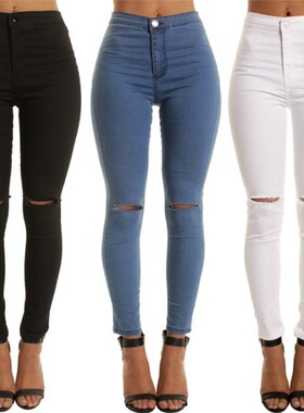 2018fashion women ripped jeans stretch pencil pants女裤牛仔