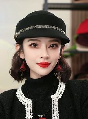布塔秋冬新款马术帽羊毛呢帽英伦时尚百搭鸭舌帽复古小礼帽女帽子