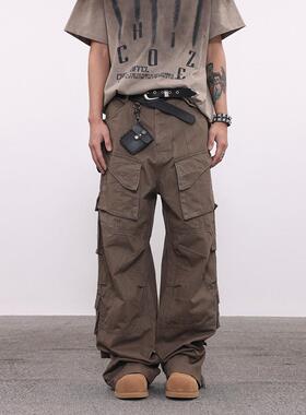 BTSG*美式复古重工多口袋拉链阔腿工装裤小众Cleanfit机能微喇裤