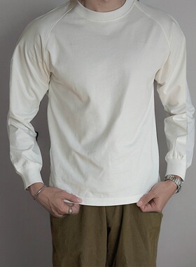 WR唔刃美式复古长绒棉300g重磅长袖T恤插肩宽松打底衫白色男春秋