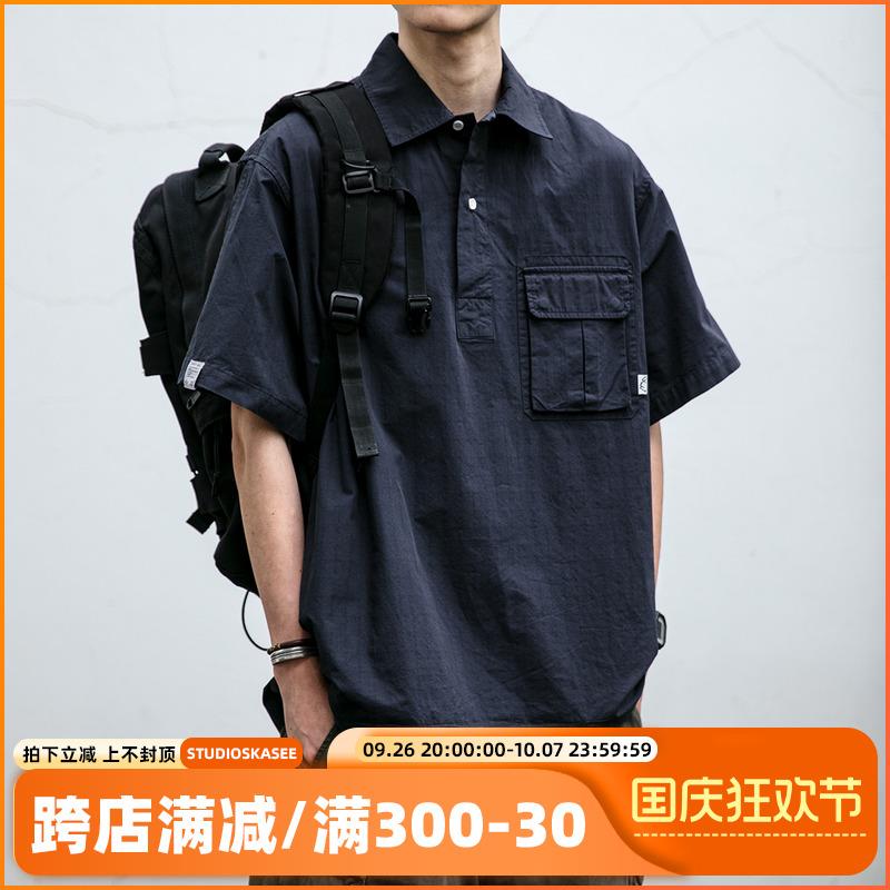 日系复古工装套头短袖衬衫男夏季潮牌户外潮流宽松休闲衬衣外套潮