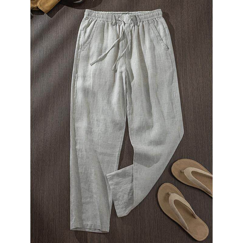 麻尚生活高端亚麻休闲直筒男裤夏季薄款宽松显瘦抽绳系带阔腿裤子