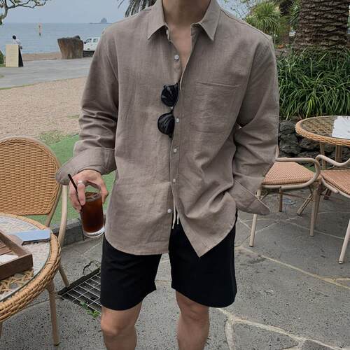 SSUMENAM「老钱风 松弛感」卡其亚麻长袖衬衫男夏季韩系薄款衬衣