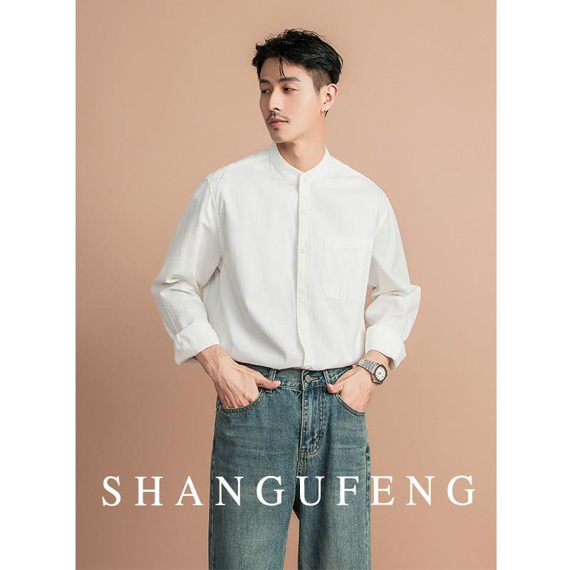SHANGUFENG春秋时尚暗条纹纯棉立领长袖衬衫男肌理感休闲中式衬衣