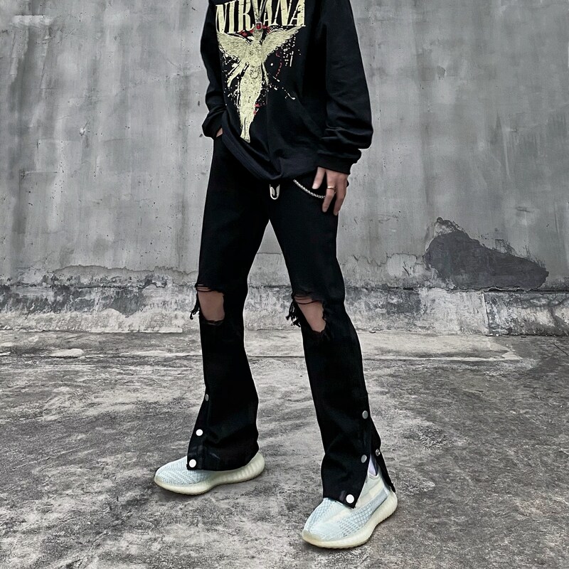 美式黑色破洞牛仔裤男直筒宽松微喇hiphop设计感高街显瘦vibe裤子