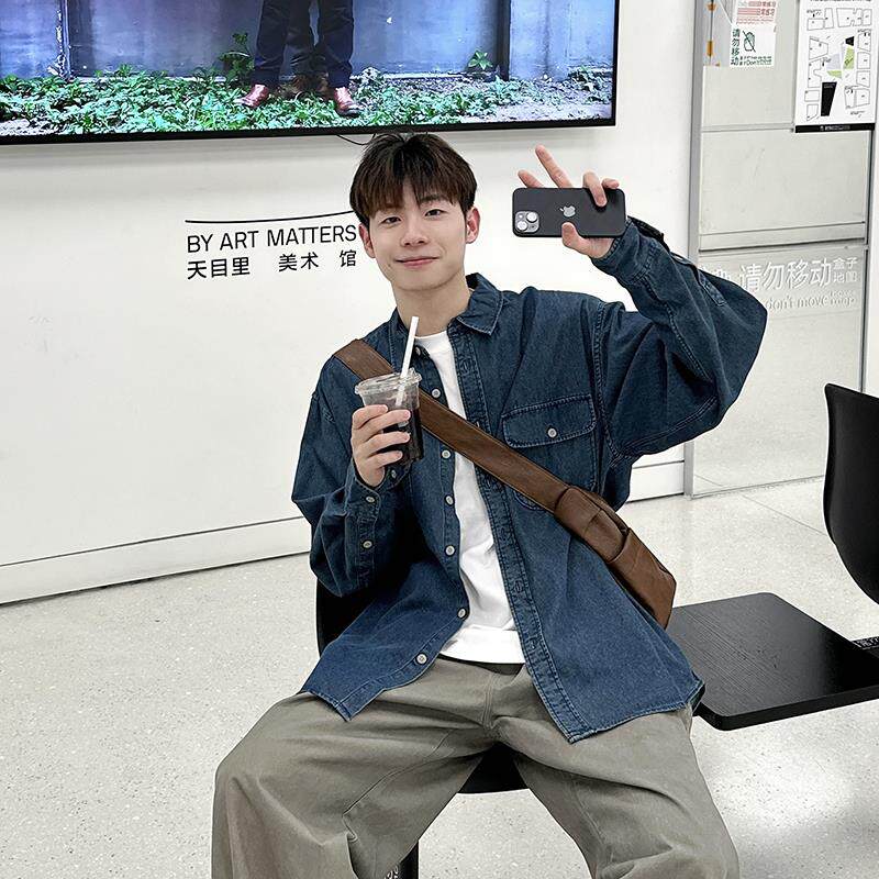 日系男生水洗牛仔衬衫长袖宽松垂感衬衣男款牛仔上衣休闲外套秋季