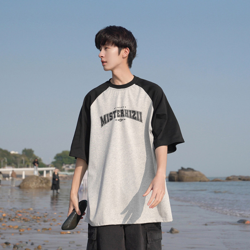 GOGOSOON短袖t恤男夏季新款宽松男士印花日系拼色百搭半袖上衣