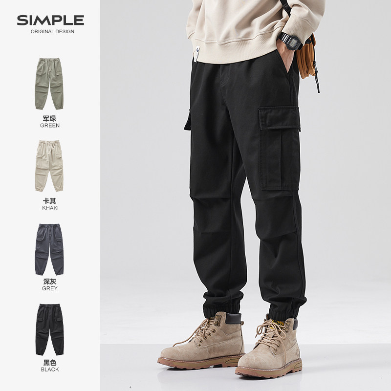 hansca工装裤子男多口袋秋冬款黑色宽松加绒加厚大码束脚休闲长裤