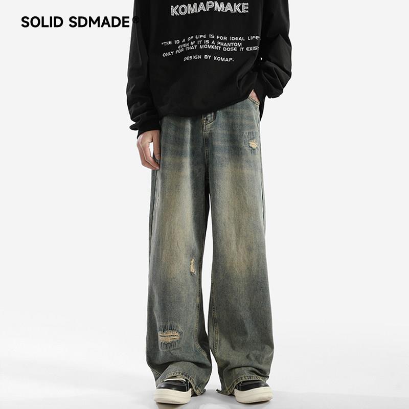 SOLIDSDMADE 美式高街布贴破洞牛仔裤男夏季潮牌宽松直筒拖地裤子