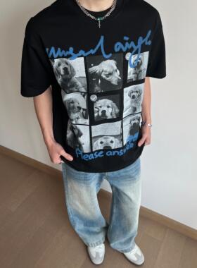 UNLG美式复古金毛小狗重磅纯棉短袖t恤男夏季宽松休闲vintage上衣