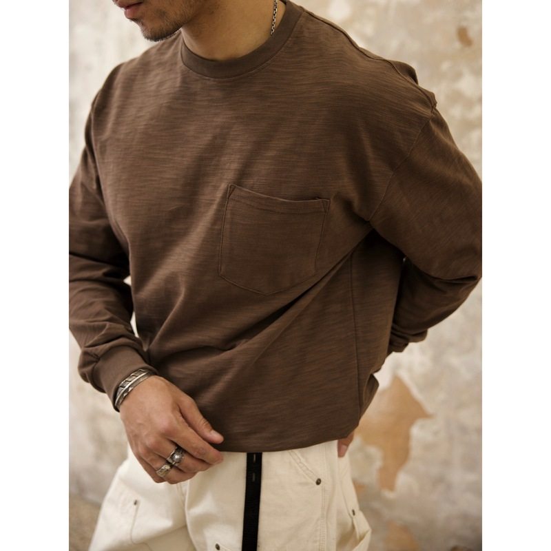 柴米重磅竹节棉宽松落肩长袖T恤男圆领小领口纯棉打底衫美式复古