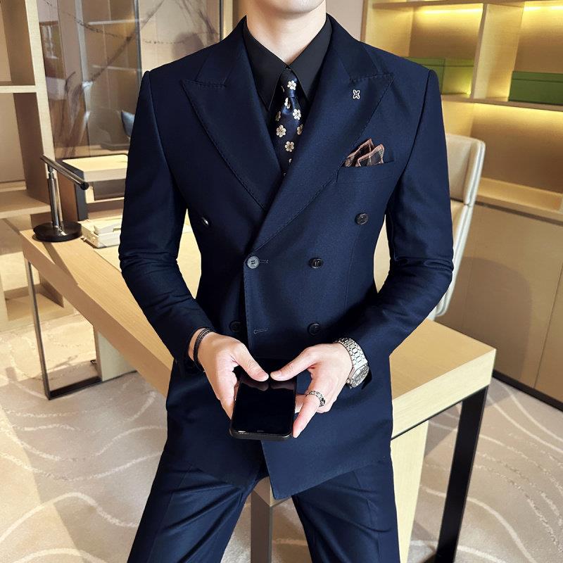 春季双排扣藏青色西服套装男士修身痞帅休闲高级感小西装外套结婚