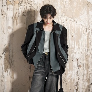 垫肩西装外套男痞帅高级感发型师潮牌男装机车服短款美式夹克春秋