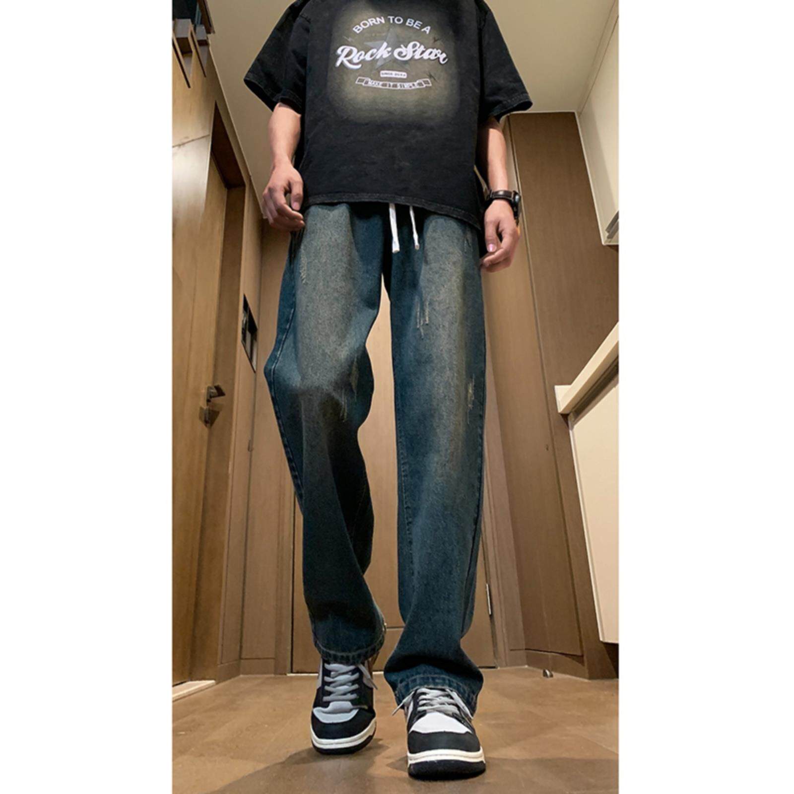 复古直筒牛仔裤男士夏季薄款美式宽松微喇抽绳阔腿夏天休闲长裤子