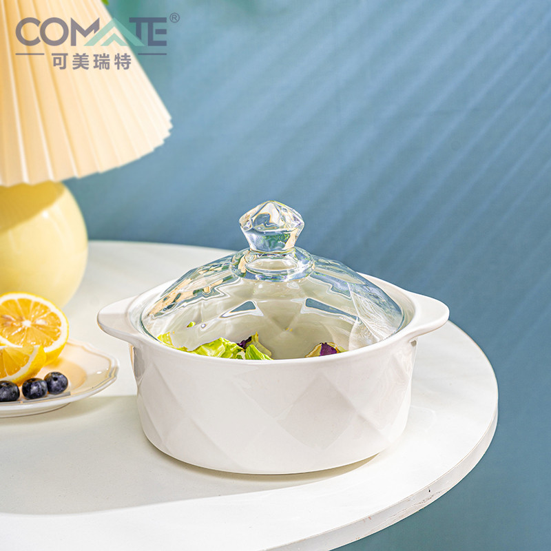 欧式家用耐热高颜值双耳陶瓷钻石汤碗1200ML配玻璃盖碗可美瑞特,餐饮具,碗,淘宝优惠券,粉丝福利购,淘宝优惠卷
