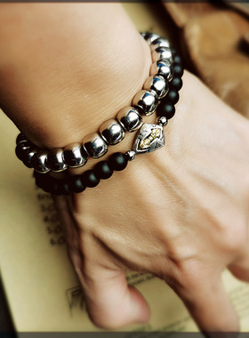 钛钢手链黑色天然石复古盾牌情侣