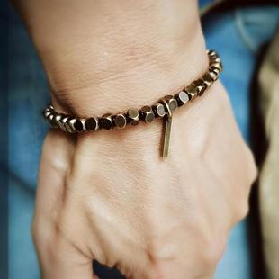 实心做旧纯铜手链珠子串珠女ins小众手细手腕手围黄铜极细手串男